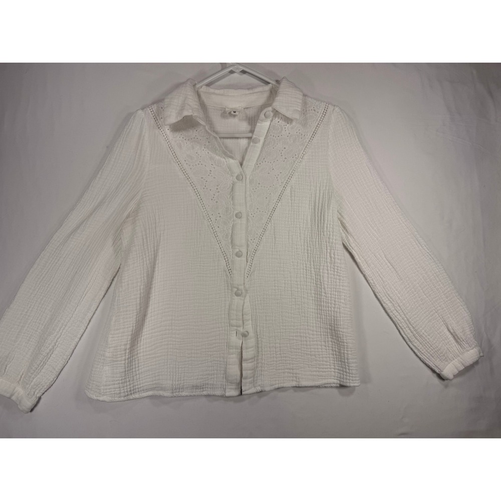 Easy Clothes Blouse Women Size Medium White Excellent Lace Gauze Button Down